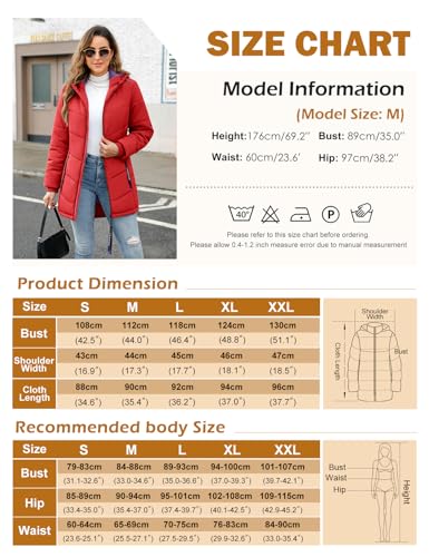 Yuson Girl Wintermantel Damen Warm Steppjacke Parka Lang Mantel Winter Jacke mit Kapuze Herbst Winter Steppmantel Outdoorjacke Elegant Kapuzenmantel mit Zipper, Tasche(Rot, L)