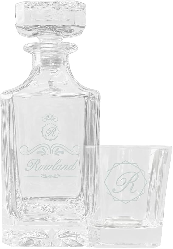 Personalized Glass Decanter Set with 4 Rock Glasses, Engraved with Custom Text and Logo