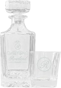 Personalized Glass Decanter Set with 4 Rock Glasses, Engraved with Custom Text and Logo