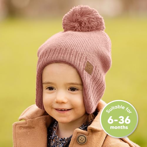 Image of Baby Beanie Winter Hat 6-36 Months - Cute Pom Winter Baby Hats with Earflaps, Soft & Stretchy Knit Toddler Beanies for Infant, Newborn 6-36 Months Boys, Girls, Cozy, Warm Fall Essentials (Tea Rose, M)