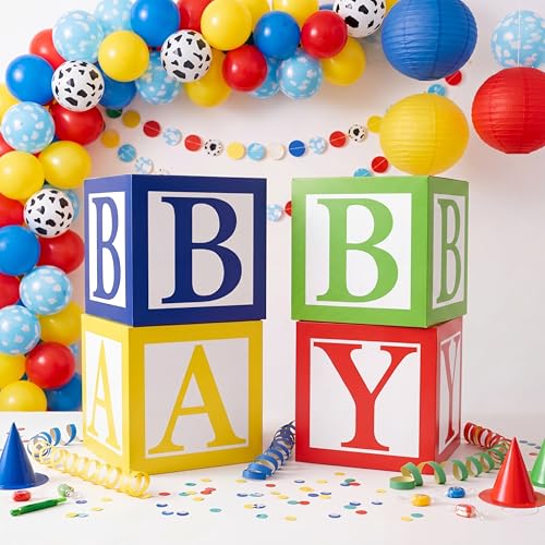 Gueevin 4 Pcs Cartoon Story Baby Shower Decorations 11.8 Inch Blue Yellow Red Green Boxes Baby Shower Balloon Arch Photo Props for Birthday Gender Reveal Party Decoration