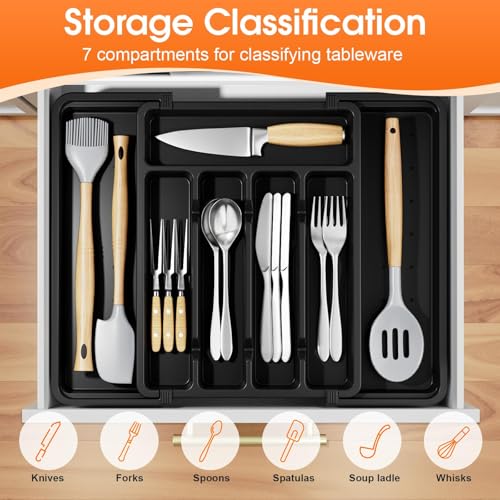 SpaceHacks Silverware Organizer，Adjustable & Expandable Utensil Drawer Organizer, BPA Free Utensil Holder, Cutlery Tray for Forks, Spoons, Knives in Kitchen, Medium, Black - Thumbnail 2