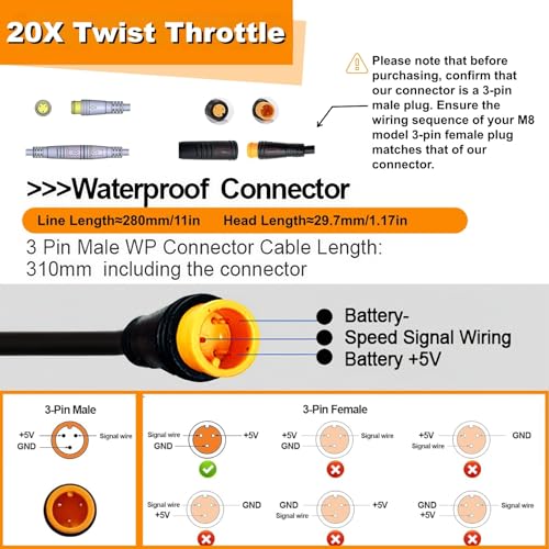 Image of EBike Full Twist Throttle, 3 Pin EBike Throttle Grip with Waterproof Joint, 12-72V Right Hand Throttle for Electric Bike Electric Scooter or Electric Bicycle Conversion for 22.2mm Handlebar