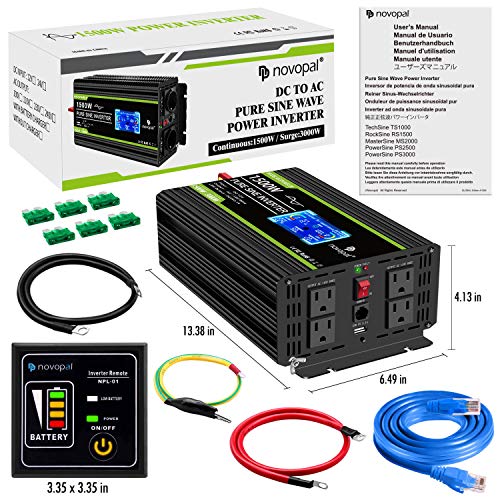 Novopal 1500 watt Pure Sine Wave Power Inverter DC 12V to 110V/120V Converter 4 AC Outlets Car Inverter with USB Port 16.4 Feet Remote Control and LCD Display Dual Cooling Fans Inverter for CPAP RV