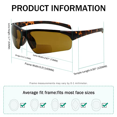 Eyekepper TR90 Unbreakable Sports Half-Rimless Bifocal Sunglasses Baseball Running Fishing Driving Golf Softball Hiking Matte Tortoise Frame Brown Lens3