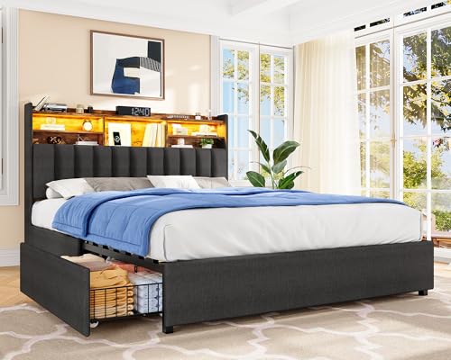 Image of TEENFON Queen Bed Frame with Headboard and 4 Drawers Storage, Bed Frame Queen Size Built in LED Lights and Charging Station, Sturdy & Noise-Free Upholstered Platform Metal Support Bed, Dark Grey