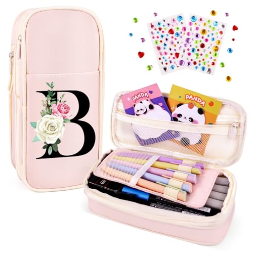 Image of Preppy Pencil Case for Girls, Cute Large Pencil Pouch, Personalized Initial Pencil Bag with Zipper for School College Office Supplies, Back to School Supplies Gifts for Teen Girls (B, Pink)