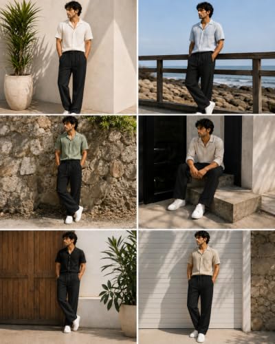 Image of Linen Pants for man || Relaxed Fit Casual Trousers for Men || Men's Lightweight Breathable Pants || Elastic Waist with Drawstring || All Season Pant for Regular, Travel & Office Wear