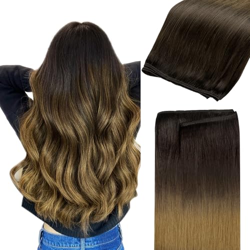 Image of GOO GOO Sew in Hair Extensions Real Human Hair, Weft Hair Extensions Human Hair, 1D /2C /4E Chocolate Dip Color Melt 22inch 110g, Weft Bundles Straight Silky Remy Hair