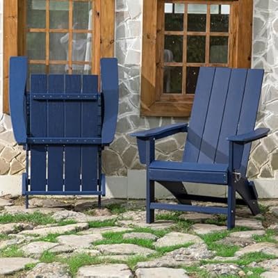 Folding Adirondack Chair Weather Resistant Foldable Fire Pit Chairs HDPE Outdoor Adirondack Chair for Patio Front Porch Pool Garden Deck Fire Pit Outside, Navy Blue