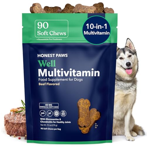 Honest Paws (90 Count) Dog Multivitamin Soft Chews with 10 Essential Vitamins - Joint, Coat, Immune, Eye & Heart Support - with Glucosamine, Chondroitin & Omega-3 - Beef Flavor