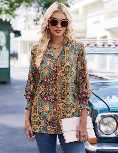 Zeagoo 3/4 Length Sleeve Womens Tops 2025 Floral Womens Blouses V Neck TunicTops with Smocked Cuffs4