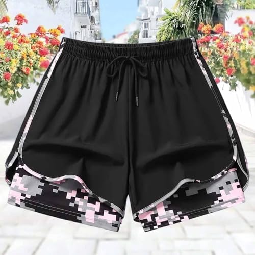 Womens Shorts Summer Fashion 2 in 1 Swim Shorts Workout Athletic Running Pant Camo Liner Quick Dry Pants with Pocket Running Shorts Women Black Large