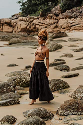 Thaluta Maxi Boho Skirt Long Pockets Cotton Hippie Bohemian Elastic Waist Gypsy Skirt (Black) #TOP6