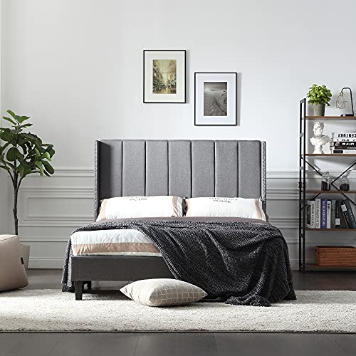 Moldura de cama plataforma de tamanho completo com encosto de cabeceira/base de colchão estofado de