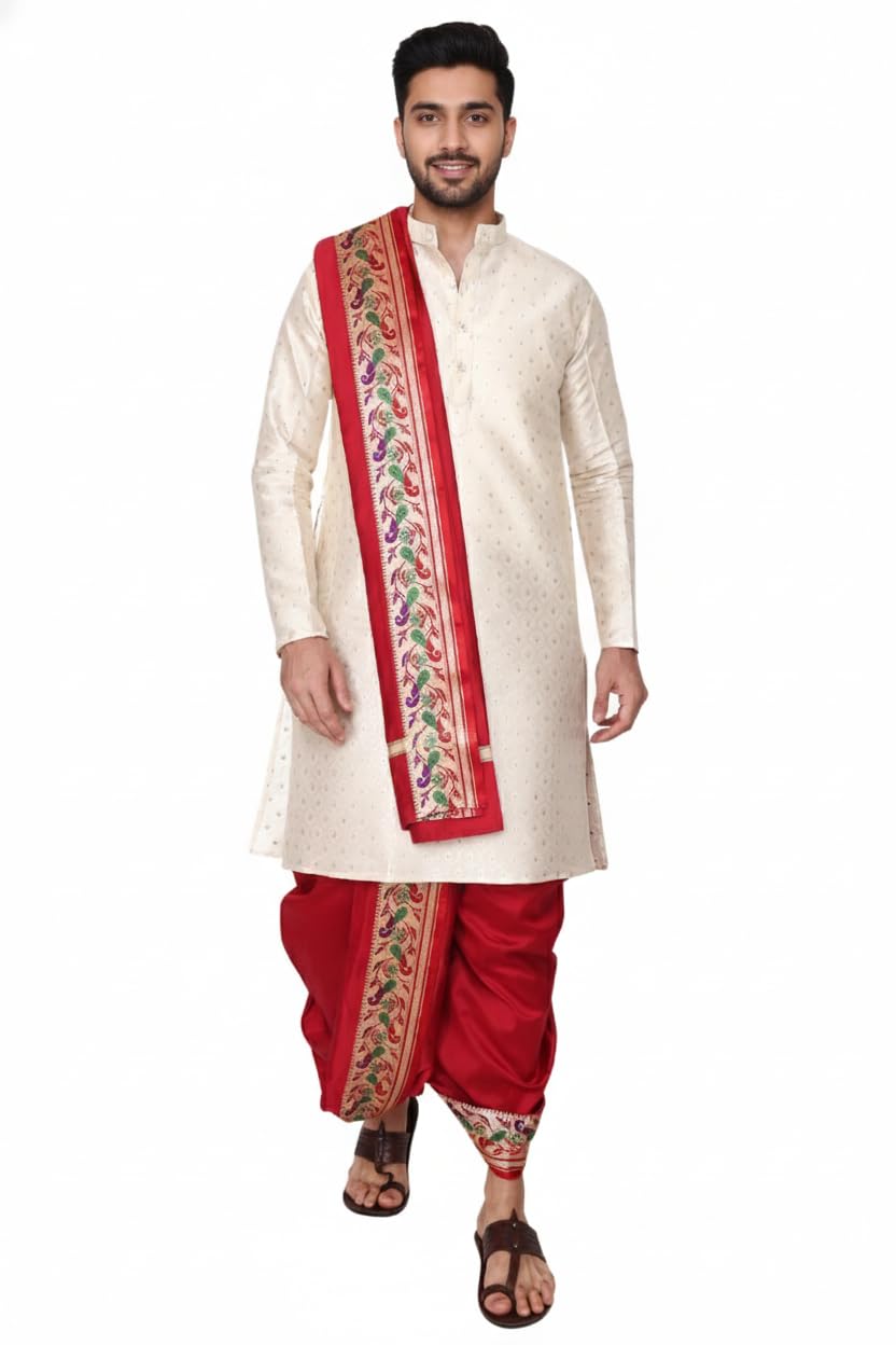 Silk Blend Dhoti Kurta Set for Men with Stole | Ready to Wear Traditional Indian Ethnic Wear for Wedding, Pooja & Festivals-image-4