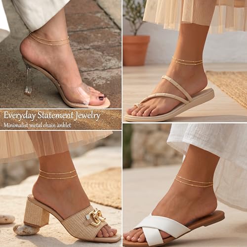 Image of DEARMAY Gold Ankle Bracelets for Women Waterproof, Non Tarnish 14K Gold Plated Beaded Link Chain Anklets, Layered Summer Beach Jewelry Gifts, Dainty Bikini Outfits for Vacation
