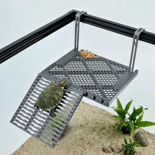 SolidForm Hanging Turtle Basking Platform with Built-in Food Tray Zero Zip-Tied Non-Slip Ramp Terrace Resting Turtles Dock for 2575 Gallon Aquariums Frog Turtle Turtle Tank Accessories