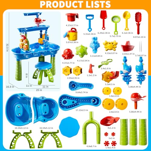Beby Buty 3-Tier Kids Water Table for Toddlers Kids Ages 3-5 4-8, Summer Outdoor Water Table Beach Kids Toys, Toddler Sensory Activity Sand Box Play Set with Rain Showers Splash Pond for Boys Girls