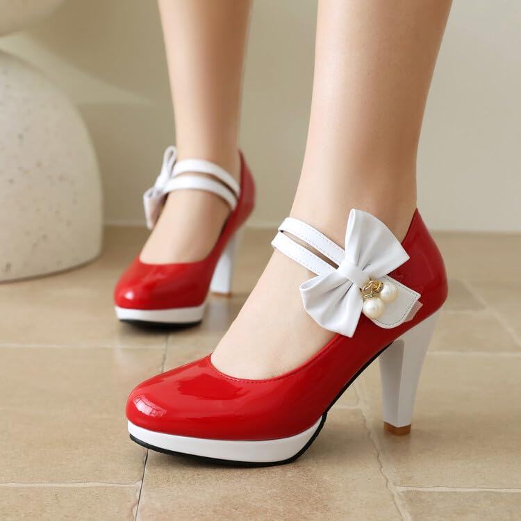 Women's Round Toe Mary Jane Bows Platform High Heel Pumps3