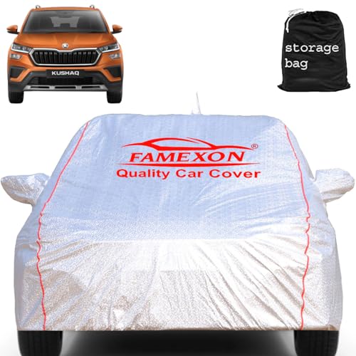 Image of Waterproof Car Body Cover with Mirror Pocket Compatible for Skoda Kushaq Triple Layer Inner Fabric & Pipein Design Protects from Animals, Heat, Rainfall (Metallic Silver)