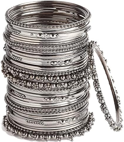ZENEME Jewellery Traditional Silver Plated Oxidized Bracelet Bangles Set for Girls and Women, 2.4, Black Antique Oxidized, No Gemstone