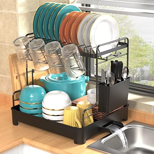 Stofiro Dish Drying Rack with Drainboard, 2 Tier Dish Racks for Kitchen Counter, Multifunctional Dish Drainer, Small Dish Drying Rack with Cutting Board Holder, Utensil Holder, Cup Holder, Drying Mat
