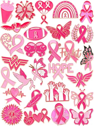 Image of JUNEBRUSHS 28pcs Breast Cancer Awareness Enamel Pins Pink Ribbon Butterfly Lapel Pins for Breast Cancer Awareness Party Survivor Charity Event Favors Women Girls Clothes Decor Accessories