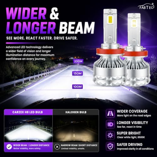 Image of FABTEC Crystal Eye H8 /H11 /H16 Headlight & Fog Light Bulb for Cars, 150W 12000 LUMENS Super Bright @6500K Cool White Automotive Headlamps Kits for Cars, (2Pcs), (1 Yr Warranty) A90 PRO Series