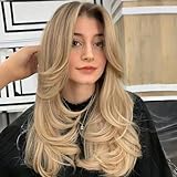 Golden Blonde Long Wavy Highlight Brown Layered Wig with Curtain Bangs for Black Women Synthetic Ombre Ash Brown Layered Wig Long Wavy Blonde Shaggy for Women 24inch (27H613)