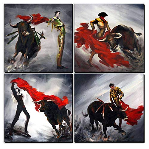 SpecialArt - HIGH-END FRAME Paintings Wall Art - Spanish Gypsy Dance the Matador and Cattle painting - 4 Panels Picture Print on Canvas for Modern Home Decor