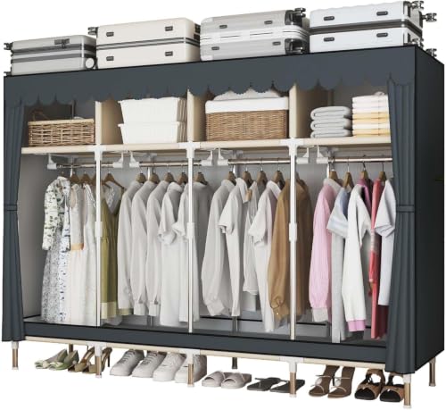 ArluKin grey portable wardrobe with four hanging rods and four open compartments in an upgraded partition layout — the premium pick with the widest configuration in the mid-width tier.