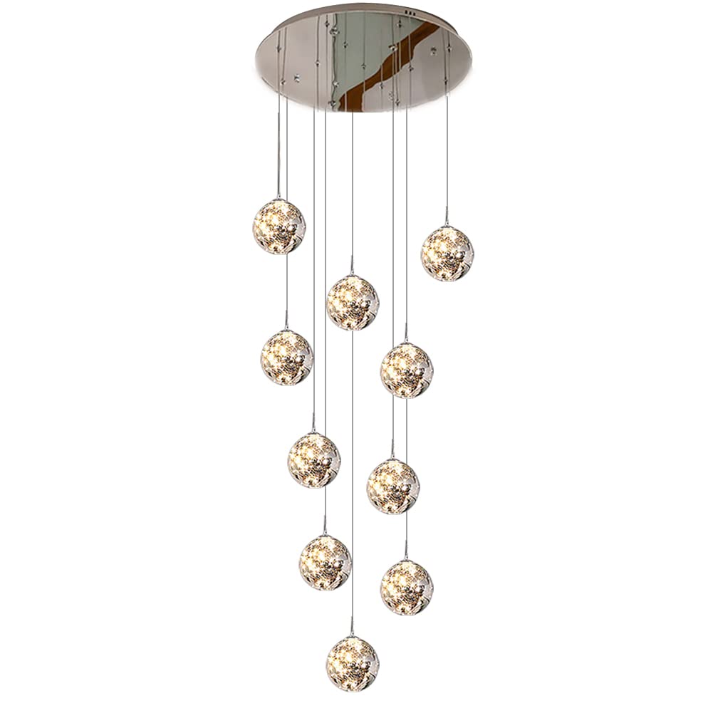 PCXEHUYP Modern 10-Light LED Stair Chandelier, Smoky Gray Glass Balls, Stainless Steel Base, Stylish Pendant Lighting for Villa Stairwell, Elegant Staircase Fixture