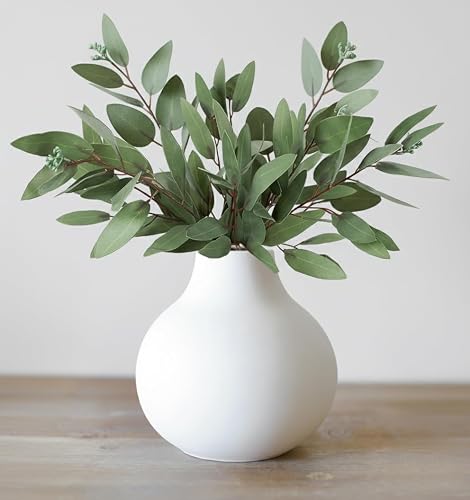 Carrot's Den Small White Ceramic Round Vase for Greenery, Short Modern | Low silhouette for a coffee table, entryway console, or bathroom shelf. Works as a centerpiece or decorative object.