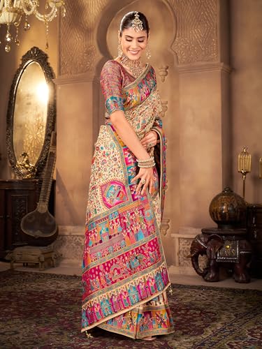 Image of Glory Sarees Women's Luxurious Dola Pure Silk Original Saree Position Print Work Madhubani Inspired Motifs Banarasi Kanjivaram Style Saree With Blouse Piece (Elegant101 Parent)
