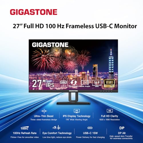Image of Gigastone 27 inch IPS Monitor 3-Pack, 100Hz FHD 1920 x 1080, MPRT 1ms,Built in Speakers,VESA Mount, Adjustable Stand, USB-C /HDMI /Display Port Connectivity, Type C Charging to iPhone