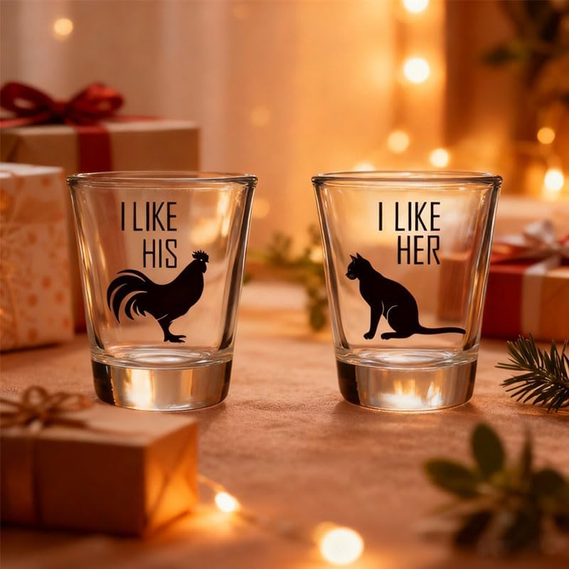 Funny Couples Shot Glasses 2oz Set - Cat & Rooster Design with I Like Her/I Like His, Gag Novelty Gift for Wedding Anniversary Engagement Party Favors