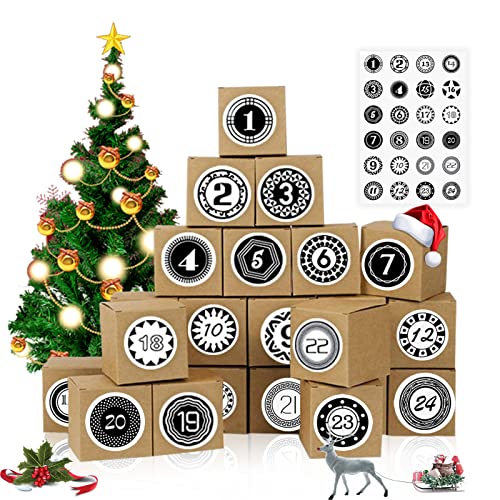 Calendrier de l'Avent Boites,Calendrier de l'avent 2021 à remplir soi-même,Calendrier Noel Boîte Calendrier de l'avent a Remplir,Avec 24 Numérique Autocollants,Décoration cadeau de Noël (papier kraft) Cover