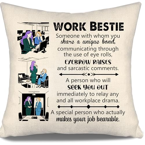 Work Bestie Gifts Throw Pillow Cover for Women Girls Funny Birthday Gifts for Best Friends Coworkers New Job Leaving Gift from Coworkers to Friends Gifts (Work Bestie)