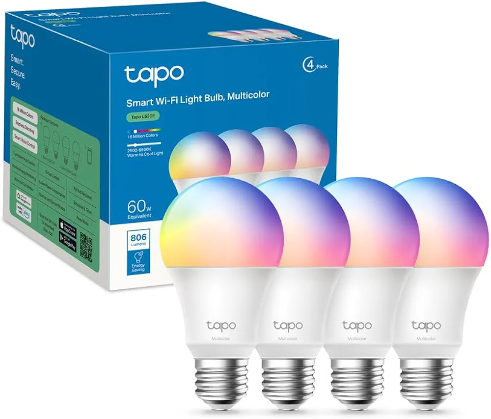 Tapo Ampoule Connectée WiFi, Ampoule LED E27 Multicolore 2500K-6500K, Dimmable 8.7 W 806Lm, Compatible avec Alexa et Google Home, Commande Vocale, Economie d'énergie, L530E(4-pack)