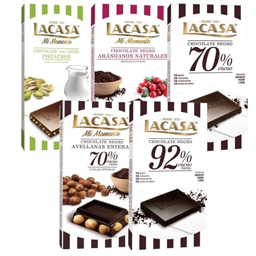 Pack Lacasa 5 deliciosas tabletas de chocolate de distintos sabores y tamaños: arandanos,leche pistacho 90g,negro,cacao 92%, avellana 200g