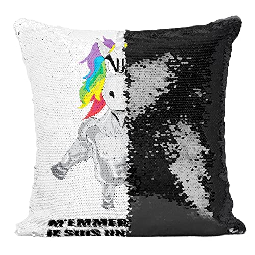 Housse sequin licorne noire : coussin magique paillettes animaux