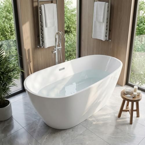 Image of 67 Inch Acrylic Freestanding Bathtub, Deep White Oval Pearl-Shape Soaking Tub, Modern Stand Alone Bathtub with Non-Slip Base, Chrome Overflow & Pop-Up Drain, Easy Assembly for Bathroom, Home, Spa