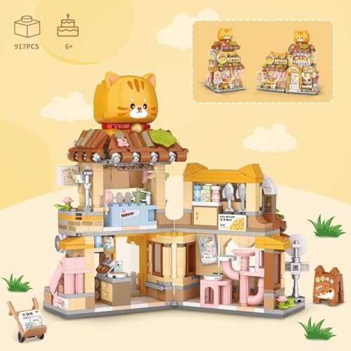 Image of SKY LINE OCEAN Cute Cat Shop Mini Building Blocks Set, 917+ PCS Street View Animal Store Architecture Model Kit, Creative MOC Construction Toy for Girls Boys Kids Adults, Gift Idea Ages 6+