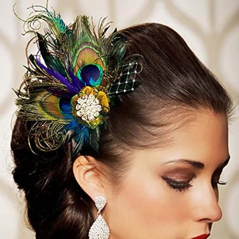 Yokawe Peacock Feather Hair Clip Peacock Fascinator with Rhinestone 1920s Flapper Fascinator Wedding Dance Party Hair Accessories for Women Cover