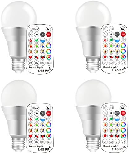 Yangcsl 10W Dimmable LED Light Bulbs, E26 Color Changing Smart Light Bulb with 2.4G RF Remote Control (4-Zone), RGB & Warm White (Pack of 4)