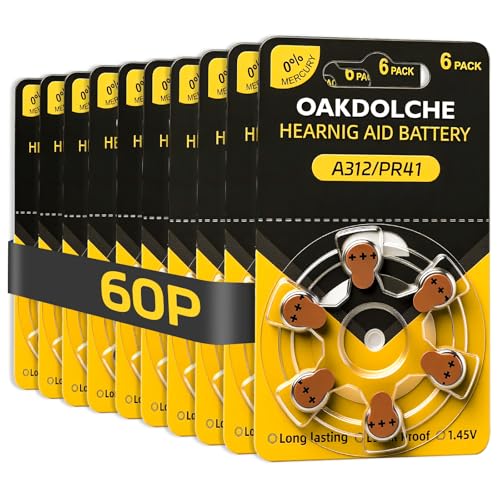 OAKDOLCHE Hearing Aid Batteries Size 312, 60 Count, Mercury Free Zinc Air, 1.45 Volt Long Lasting & Easy to Open