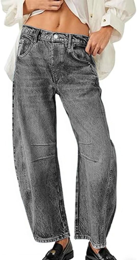 HUNGSON Women's Barrel Jeans Wide Leg Mid Rise Loose Y2k Baggy Boyfriend Jeans Denim Ankle Pants