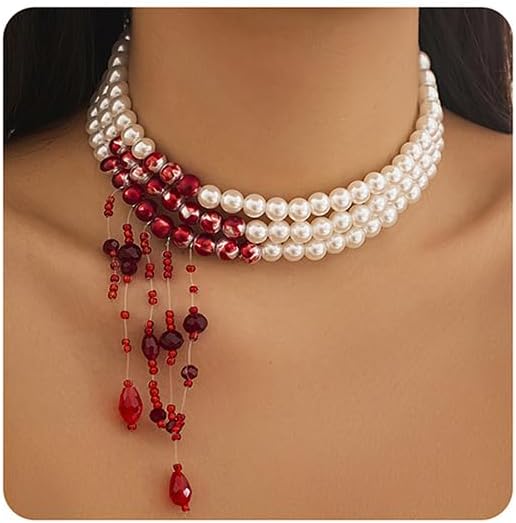 Jumwrit Vintage Layered Pearl Choker Necklace Dainty Chunky Chain Multi Strand Pearl Beaded Necklace Boho Rhinestone Tassel 3 Tier Halloween Vampire Necklace Statement Accessories for Women