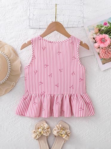 Image of Girls Sleeveless Tank Tops Striped Shirts Peplum Babydoll Top | Bowknot Summer Blouse for Beach Vacation